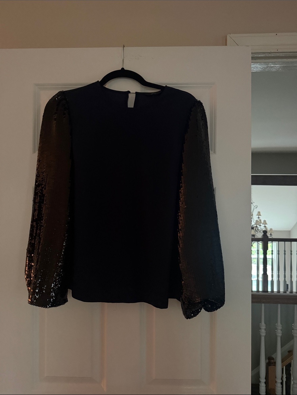 J. Crew Black Blouse with Sequin Puff Sleeves